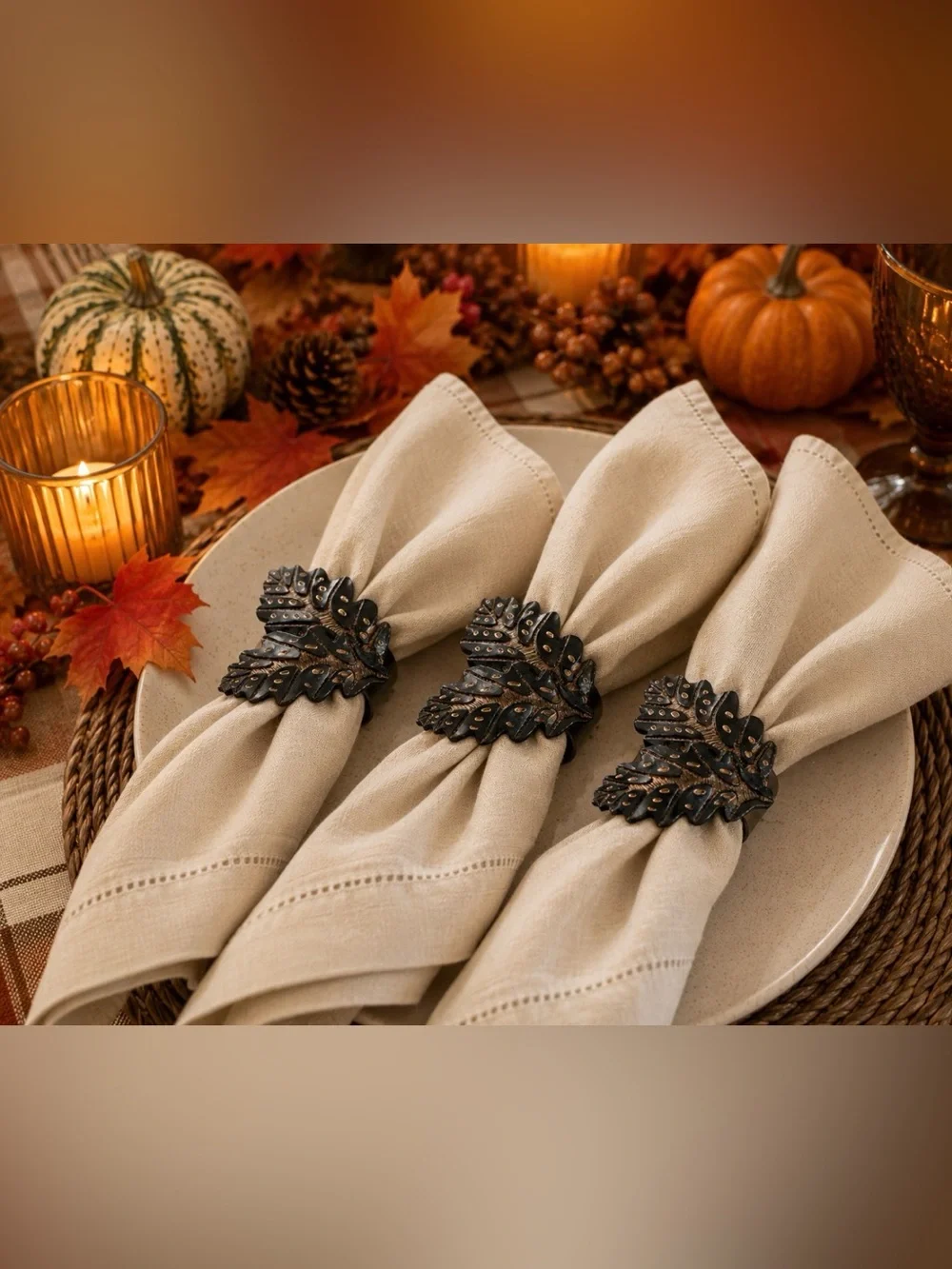 NEW Anthropologie Napkin Rings, Leaf Motif 🍁, Set of 3